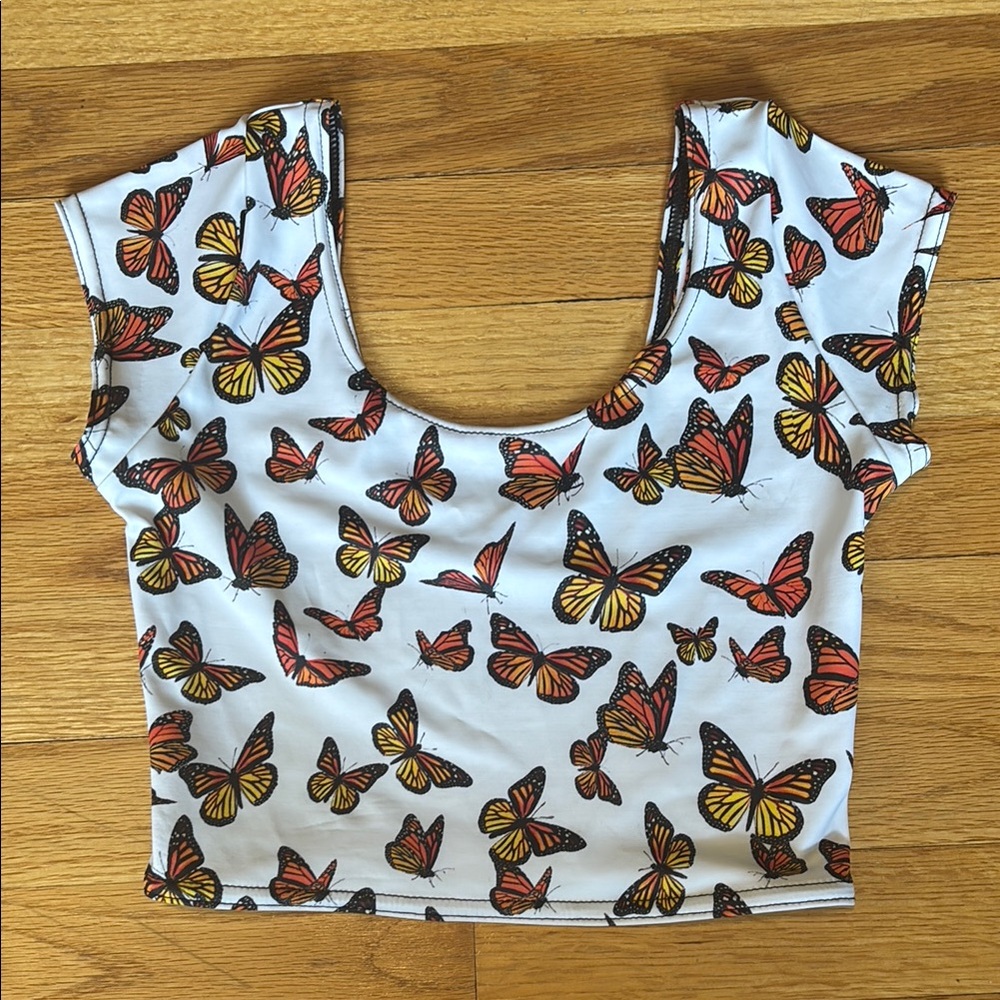 Blackmilk Butterfly Print Fitted Crop Top Brown and Orange